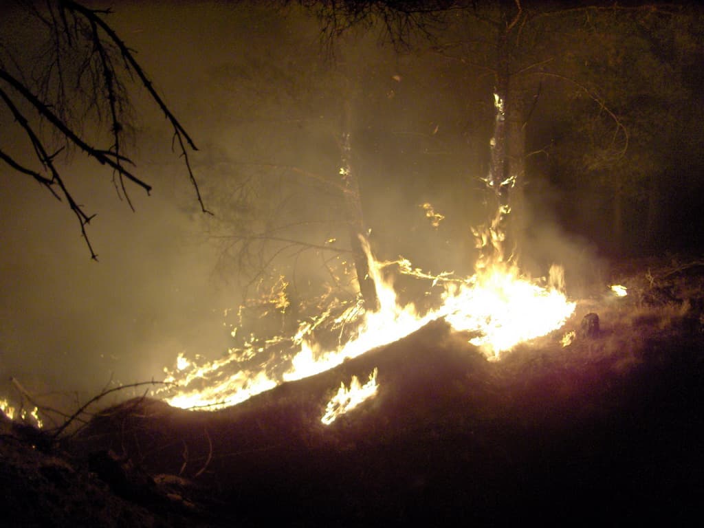 Forest fire glowing through dense smoke at night in Assiros, Greece